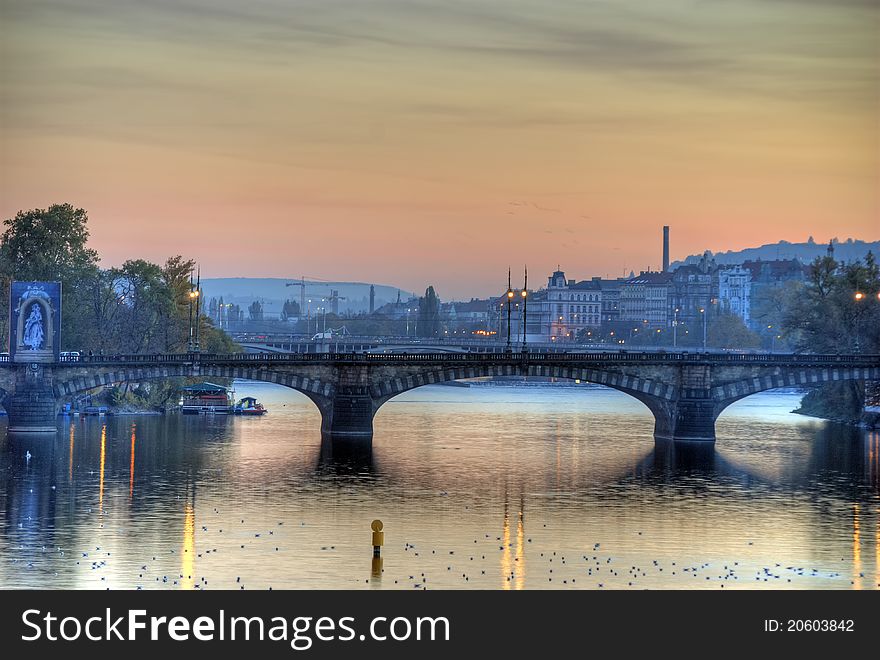 One of the bridges crossing the Vltava river, passing through Prague, Czech Republic.