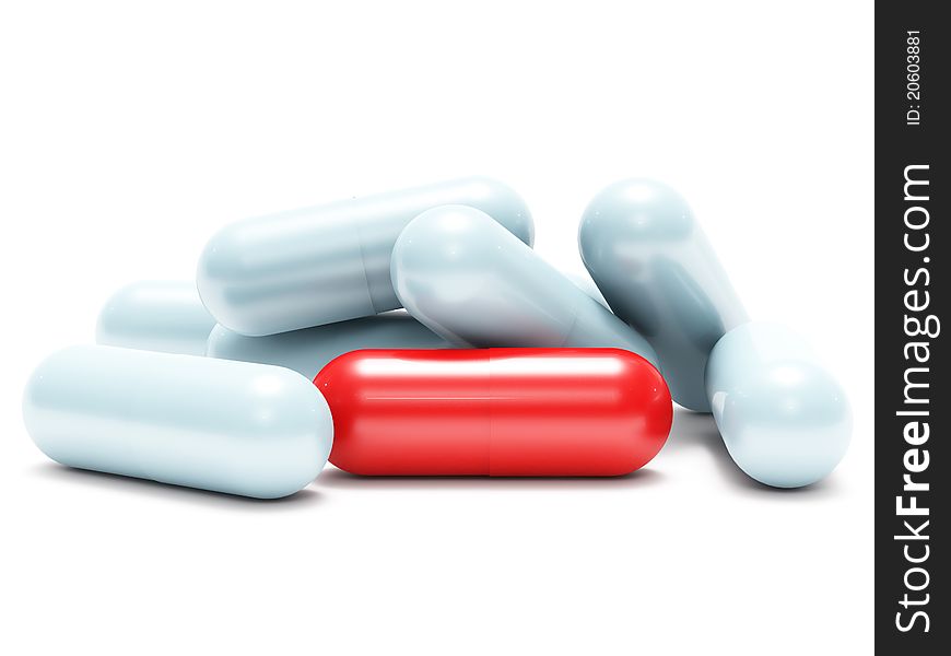 Many white and one red shiny pills (medical capsule) on white background