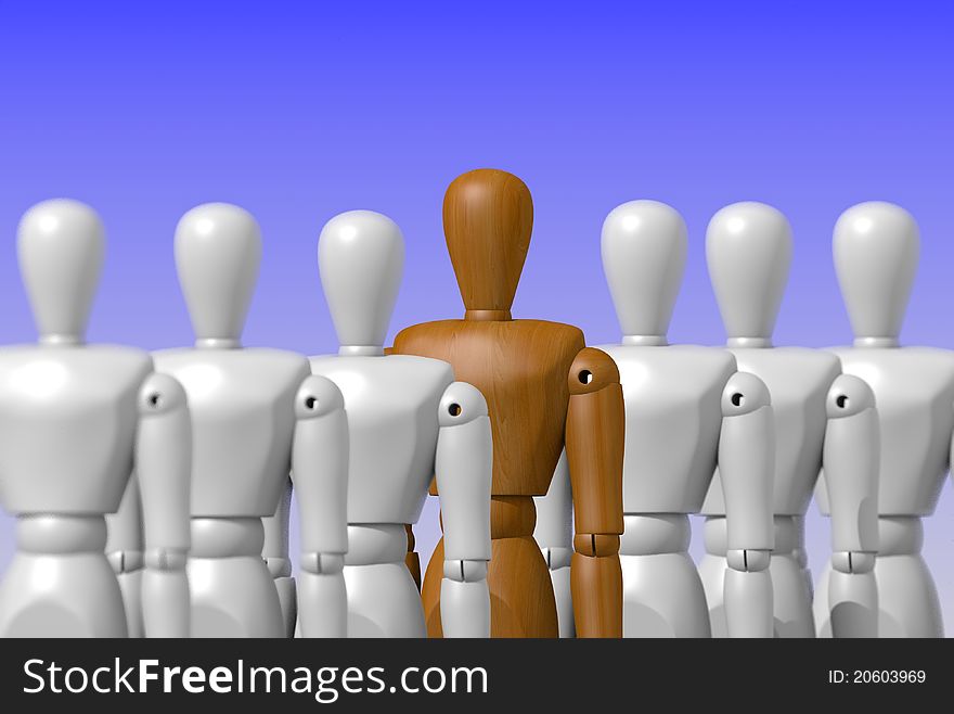 Wooden man in a row of blank humanoid. Wooden man in a row of blank humanoid