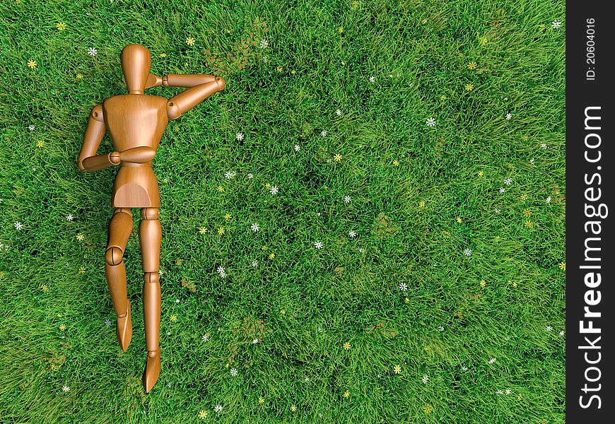 Full body of Wooden man is sleeping in the field of grass and small flowers. Full body of Wooden man is sleeping in the field of grass and small flowers.
