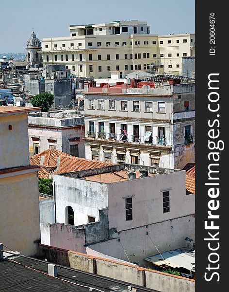 Rooftops and crumbling buildings in central Havana, Cuba.