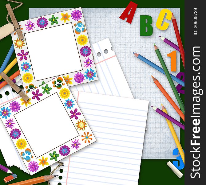 Two frames, paper and pensils, back to school background