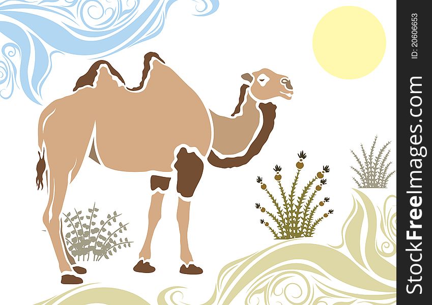 Camel in desert stencil illustration for web