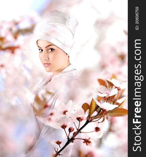 White beautiful geisha on beautiful background
