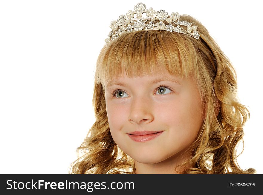 Beautiful happy girl with diadem looking up, isolated on white. Beautiful happy girl with diadem looking up, isolated on white