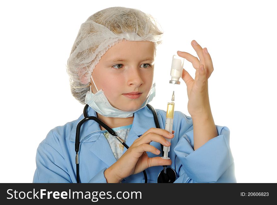 Young doctor with injectionon on a white background