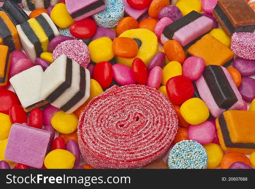 Candy sweets with assorted colored liquorice ones. Candy sweets with assorted colored liquorice ones