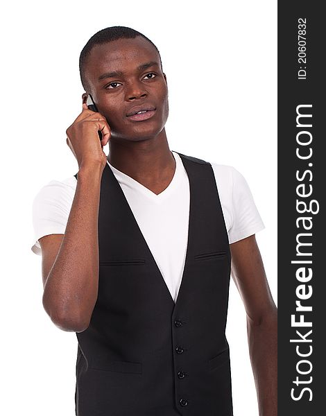 Young and beautiful black man speaking on the phone. Young and beautiful black man speaking on the phone