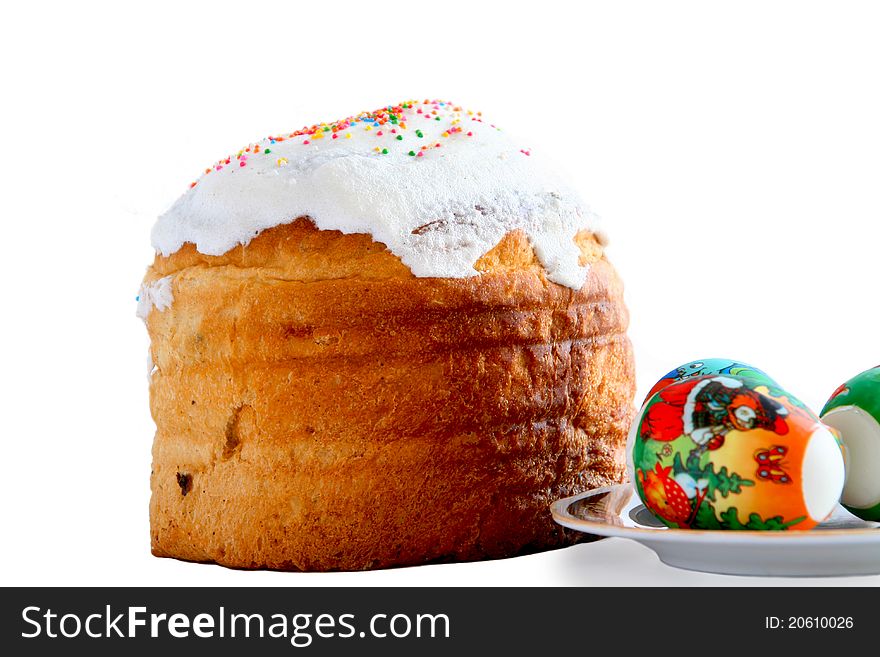 Easter cake and three easter eggs on white background. Easter cake and three easter eggs on white background