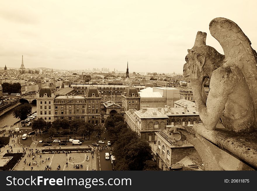 Gothic gargoyle Statue on cloudy sky background and top view from cathedral Notre Dame on streets