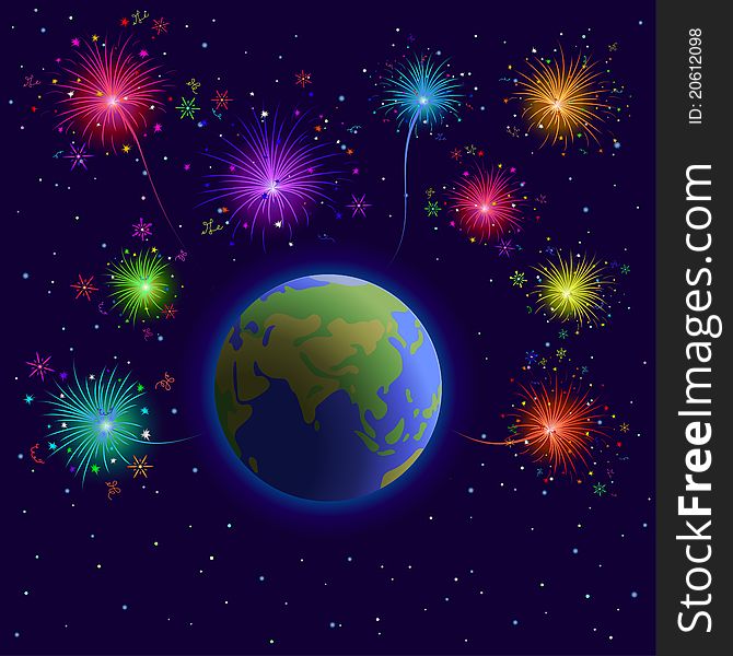 Space, planets mother Earth, holiday firework and stars. Space, planets mother Earth, holiday firework and stars