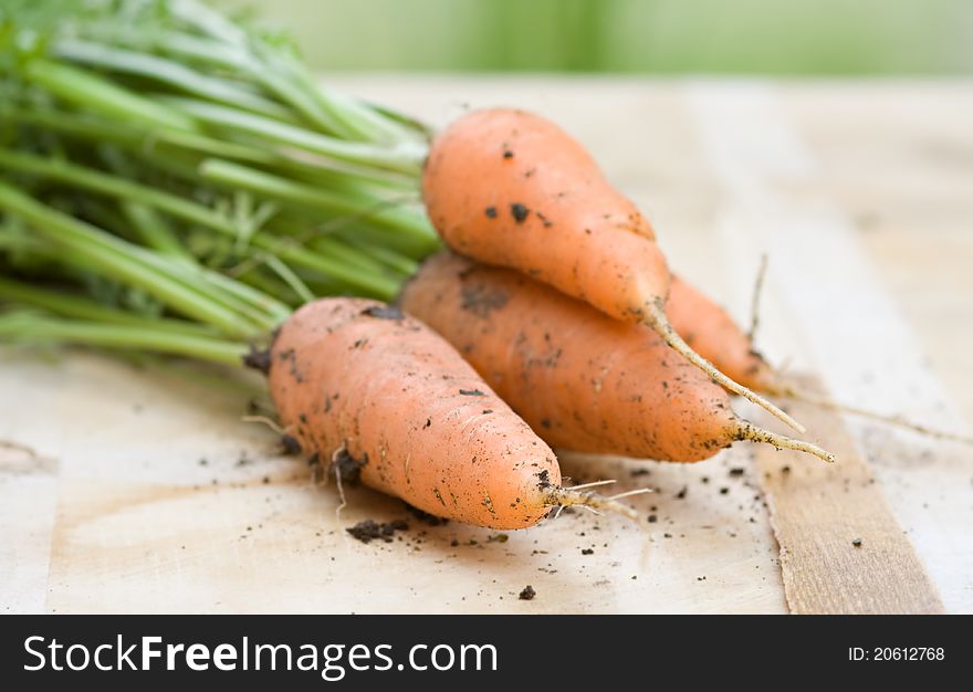 Fresh Carrots On Wooden Board