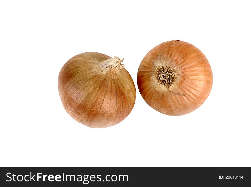 Two yellow onions isolated on white background