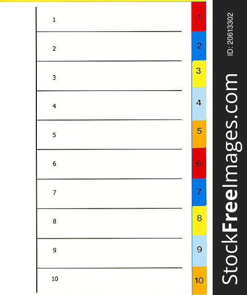 Blank notebook page with color bookmarks for data storage