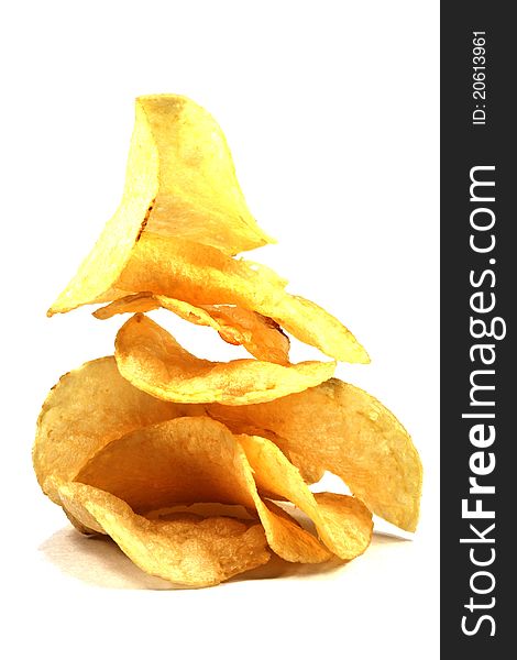 A stack of potato chips on white background