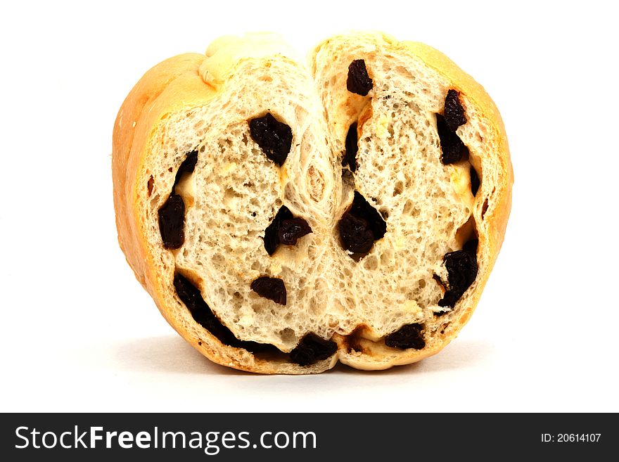 Closeup of raisin bread on white background. Closeup of raisin bread on white background