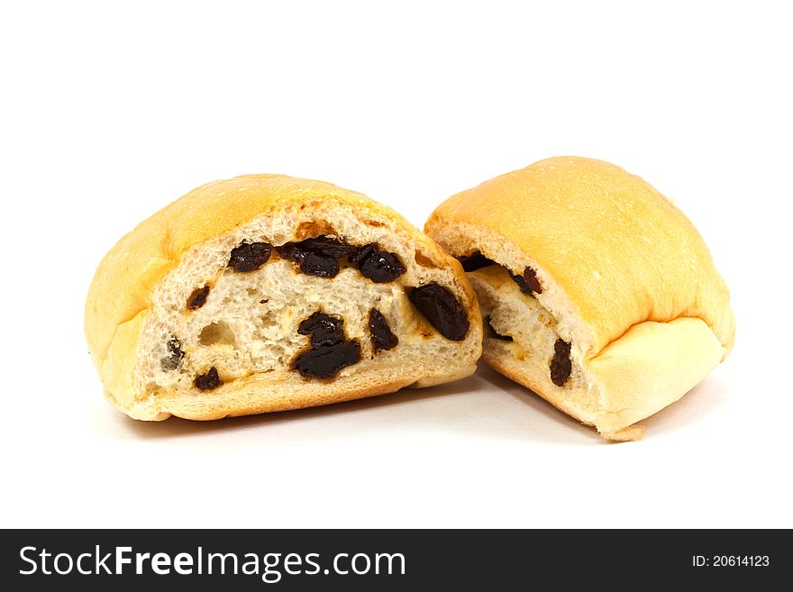 Raisin bread on white background