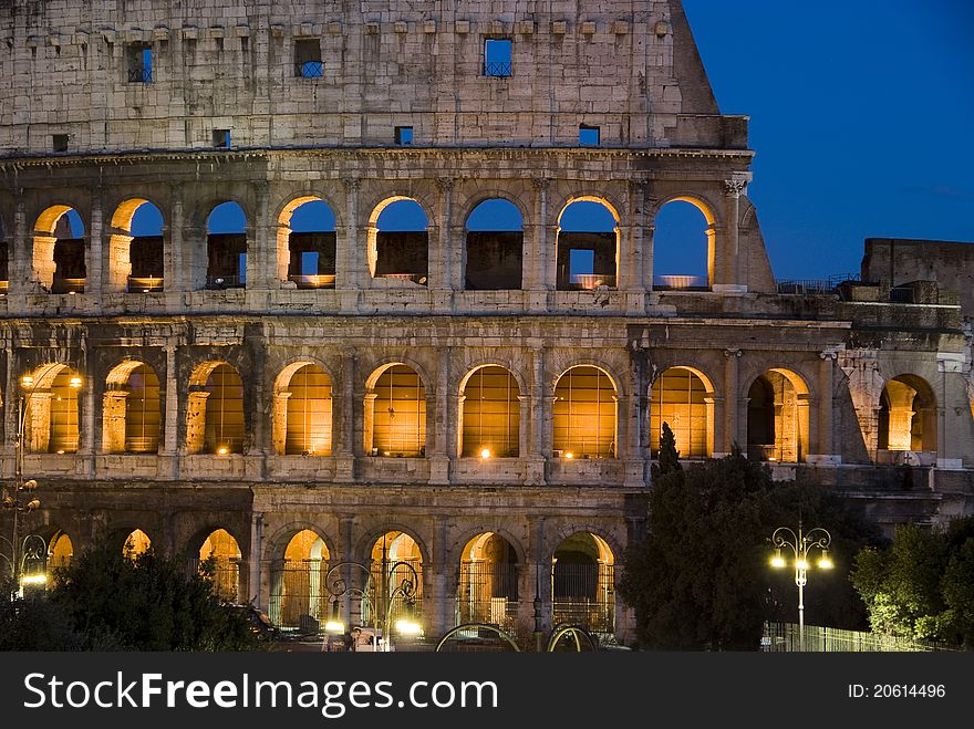 The Colosseum, Rome Italy closeup after sunset