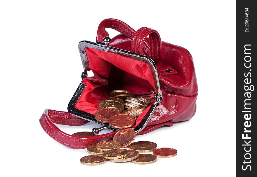 Coins in woman's purse on white background. Coins in woman's purse on white background.