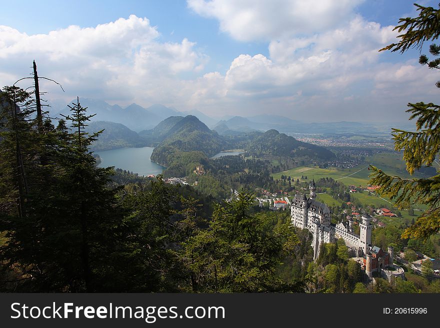 View on the castle of Neuschwanstein and its bavarian landscape.