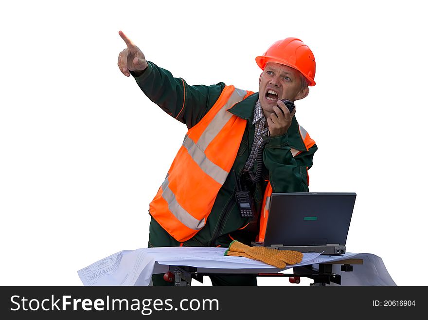 Young engineer in orange jacket and helmet talk by radio. Isolated on white