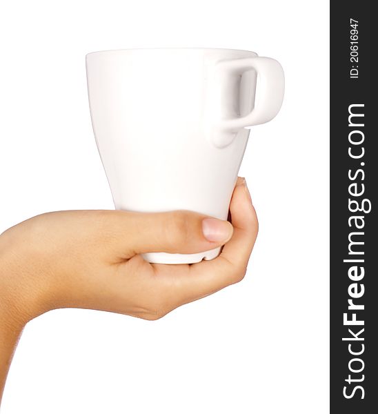 Hand holding coffee mug with white background