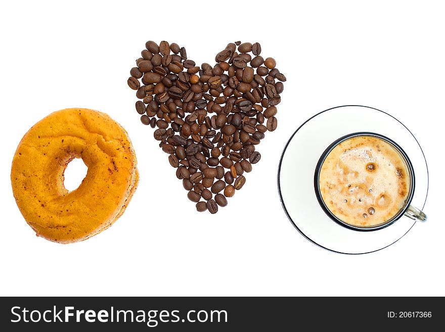 Cappuccino, donut, brown sugar and coffee beans on white background