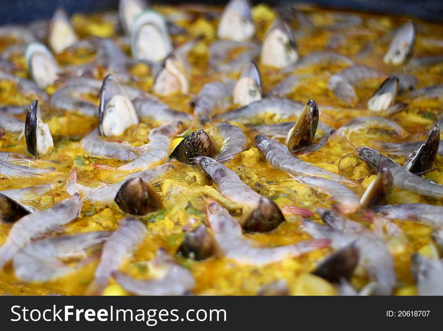 Close up of spanish paella seafood