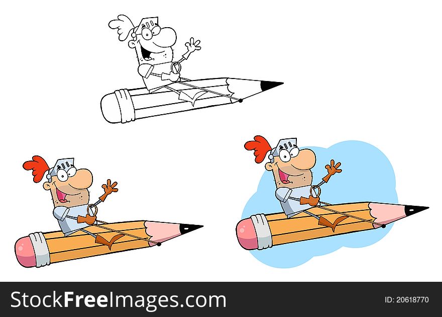 Knights flying on a pencil cartoon character. Knights flying on a pencil cartoon character