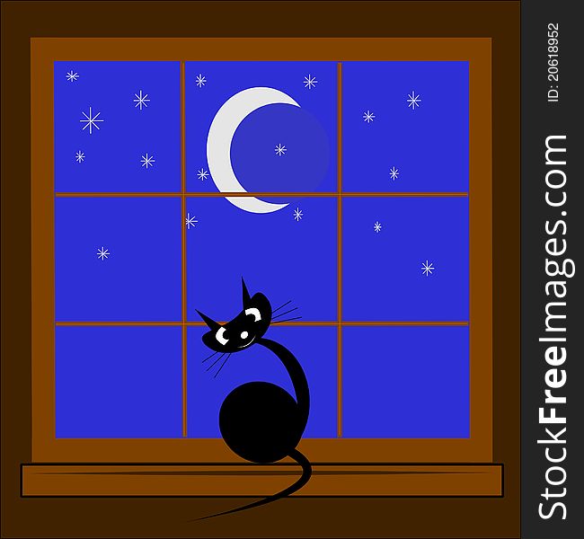 Black cat in window at night with stars and crescent moon