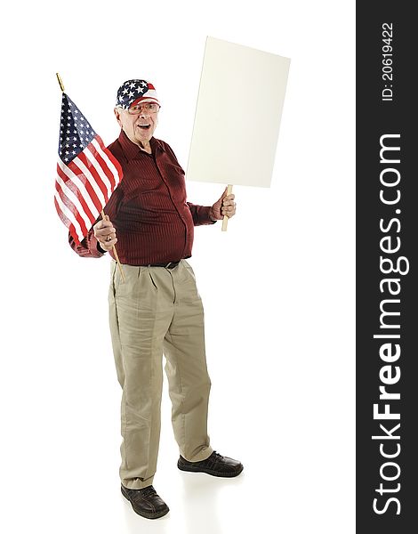 A happy senior man wearing his stars and stripes while carrying an American flag and blank sign. Isolated on white. A happy senior man wearing his stars and stripes while carrying an American flag and blank sign. Isolated on white.