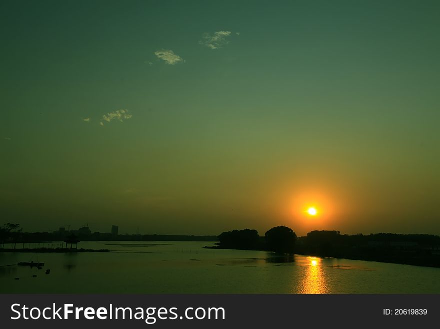 Night scene of river, northern China