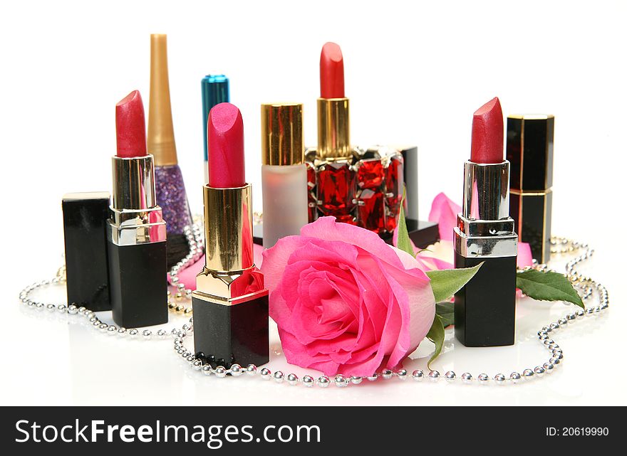 Decorative cosmetics on a white background