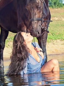 Kiss Of Pretty Girl To Yours  Horse Royalty Free Stock Images