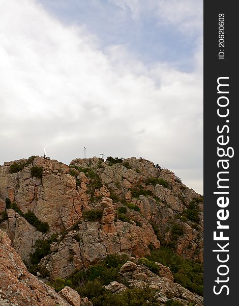 Site of three crosses, rock of Roquebrune, department of the Var, France. Site of three crosses, rock of Roquebrune, department of the Var, France