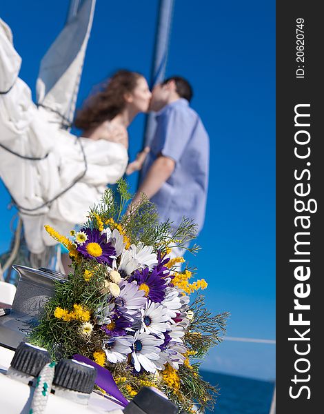 Bridal Bouquet On White Yacht