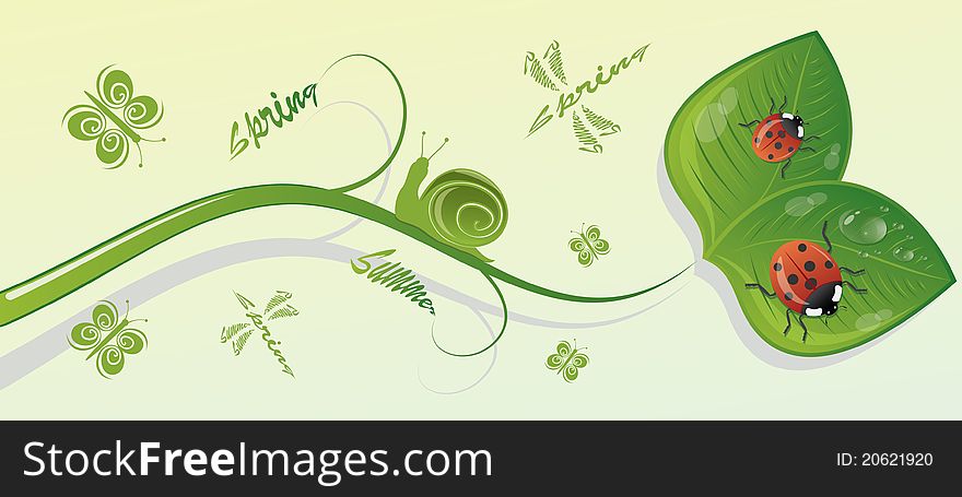 Green branch with leaves and insects. Vector illustration.