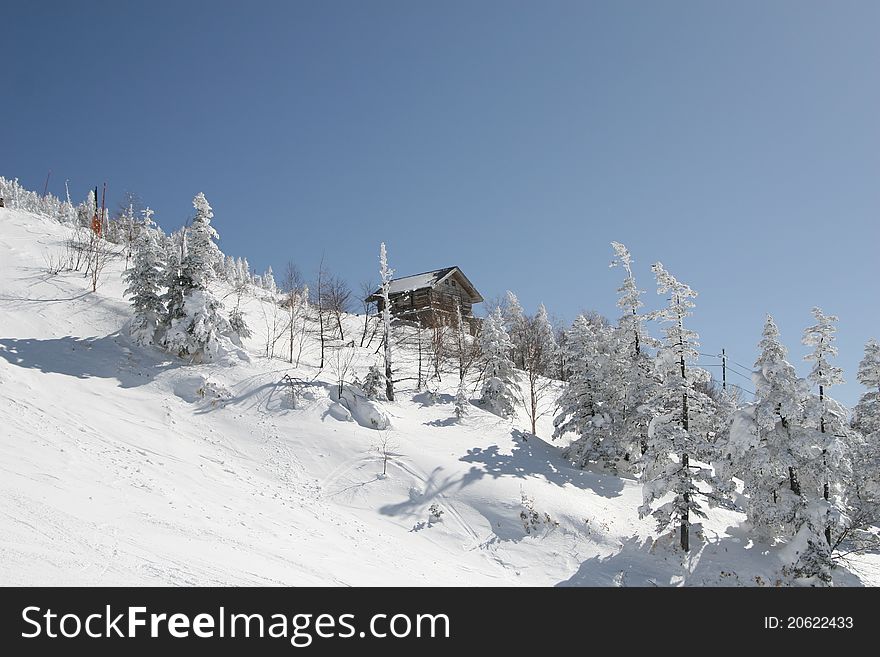 Wooden snow hut in snow mountain