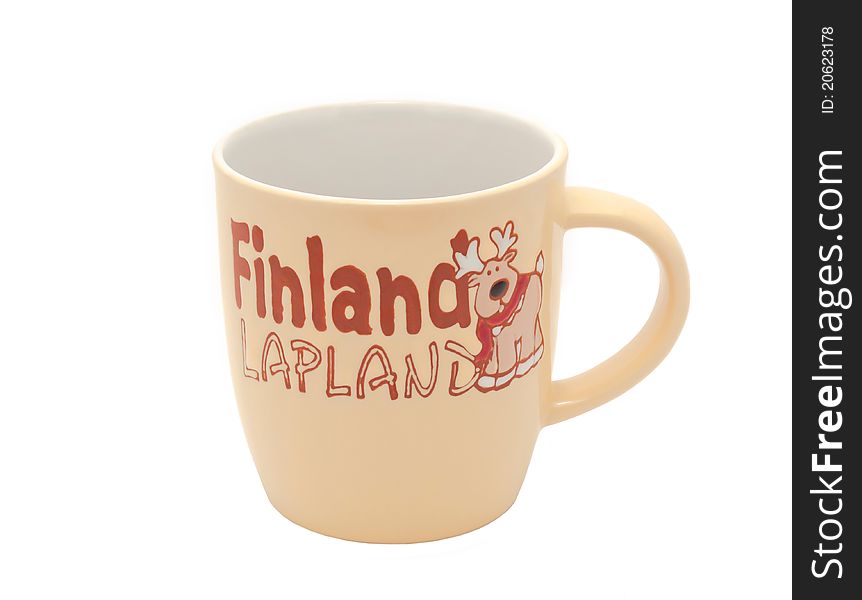 Empty brown cup with the inscription finland lapland