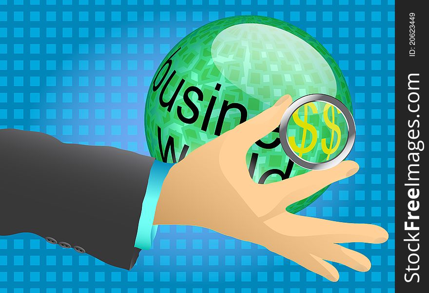 Illustration of hand holding a magnifying glass zooming dollars. Illustration of hand holding a magnifying glass zooming dollars