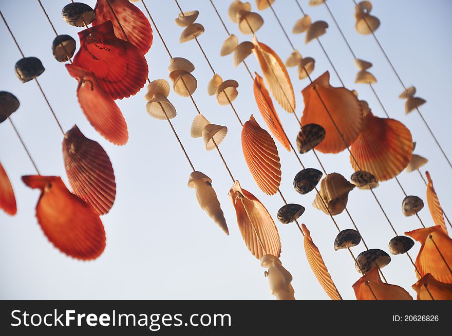 Sea shell mobile with blue sky background