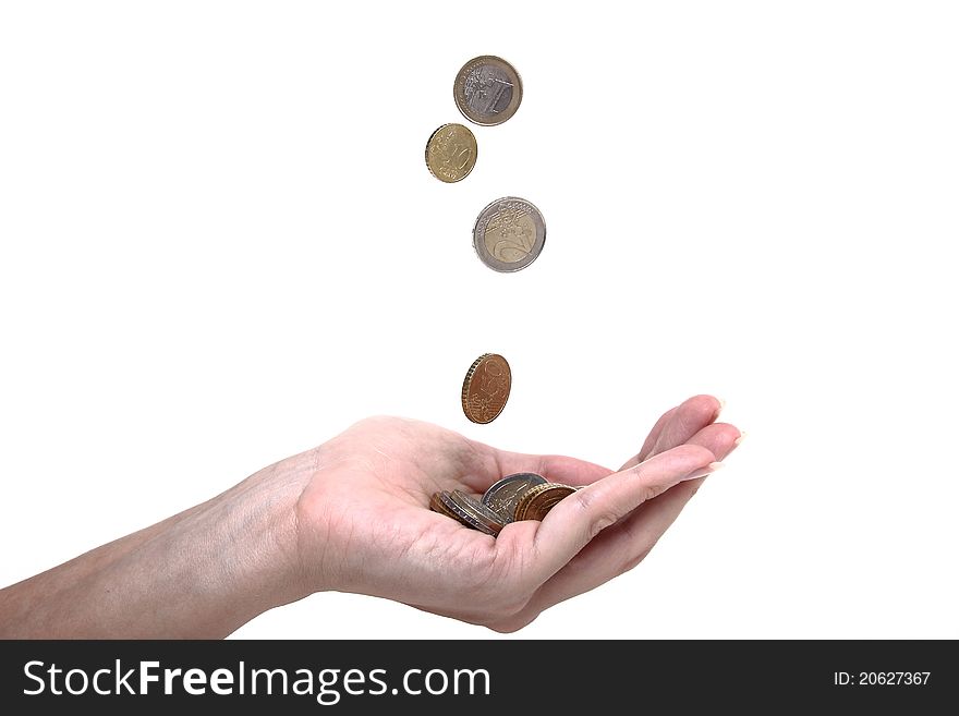 Euro cents falling in a female hand. Euro cents falling in a female hand