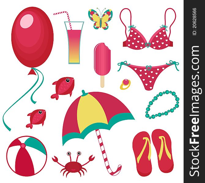 A vector illustration of summer icons. A vector illustration of summer icons