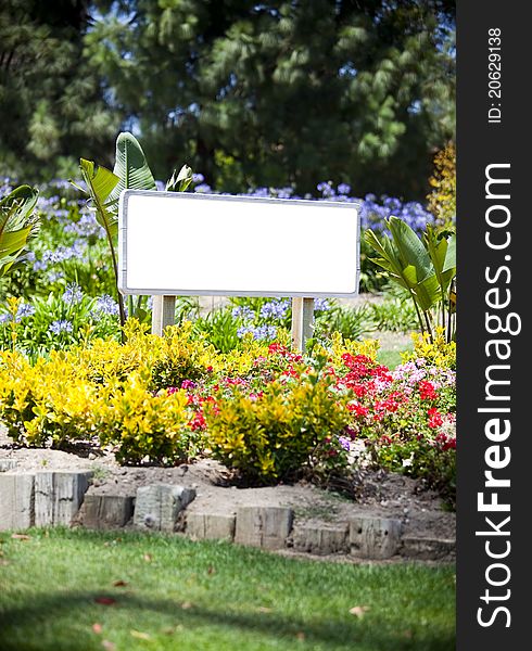 Empty white sign surrounded by flowers - room for copy. Empty white sign surrounded by flowers - room for copy