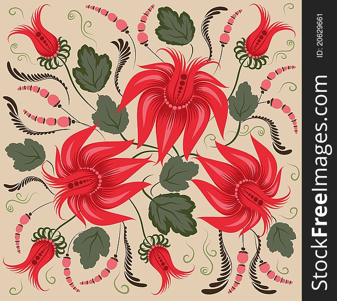 Red flowers on a beige background - in the style of hand-painted. Floral design. Basic elements are grouped.