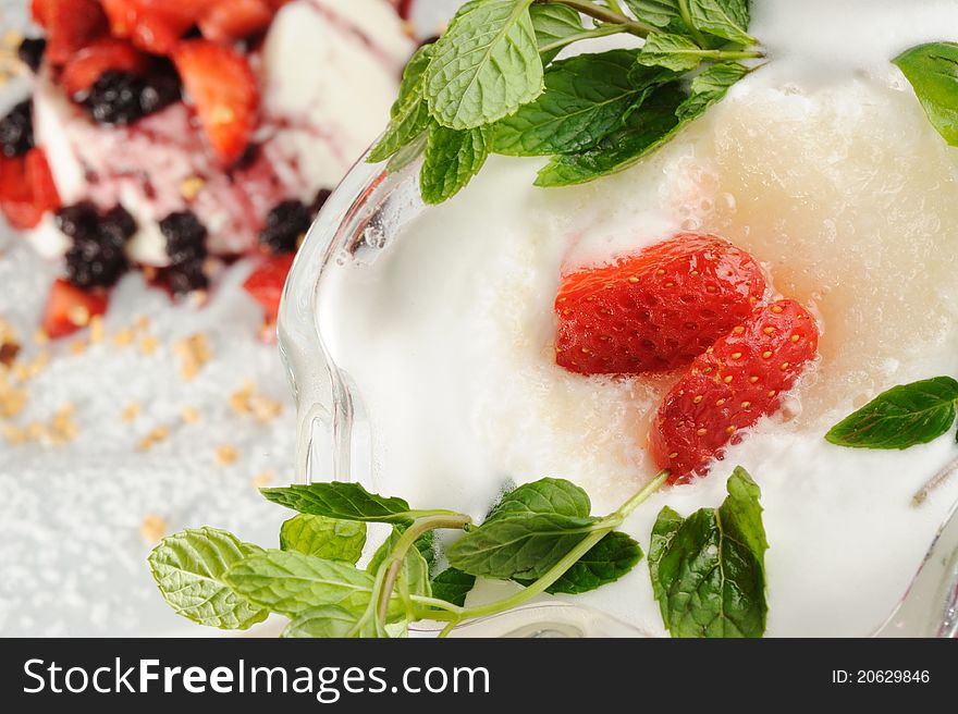 Lemon ice sorbet with straberry and mint. Lemon ice sorbet with straberry and mint