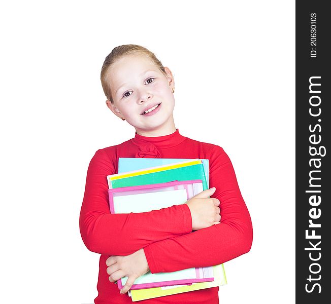 Child with a stack of notebooks on white