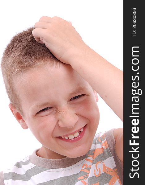 Portrait of a boy trying to remember something, isolated on white. Portrait of a boy trying to remember something, isolated on white