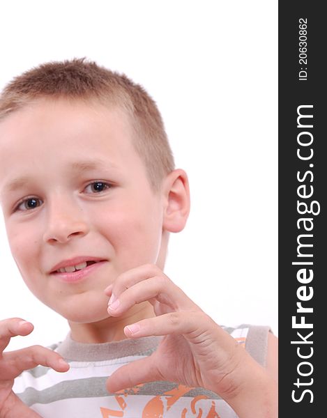 Portrait of a scared little boy, isolated on white