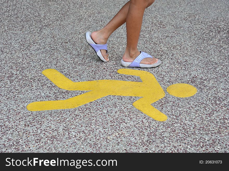 Yellow Walking Sign On Pavement Specially For Leisure Walk